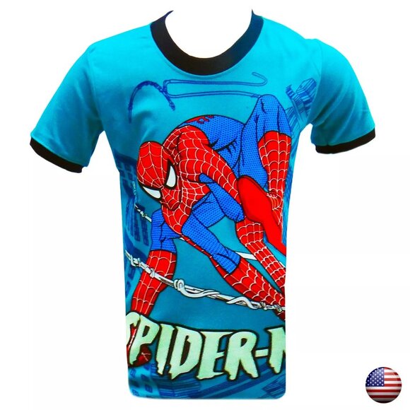 NWT SPIDER-MAN SUPERHEROE KIDS AQUA CREW NECK SHORT SLEEVE T-SHIRT SIZE 10 12 - Picture 1 of 5